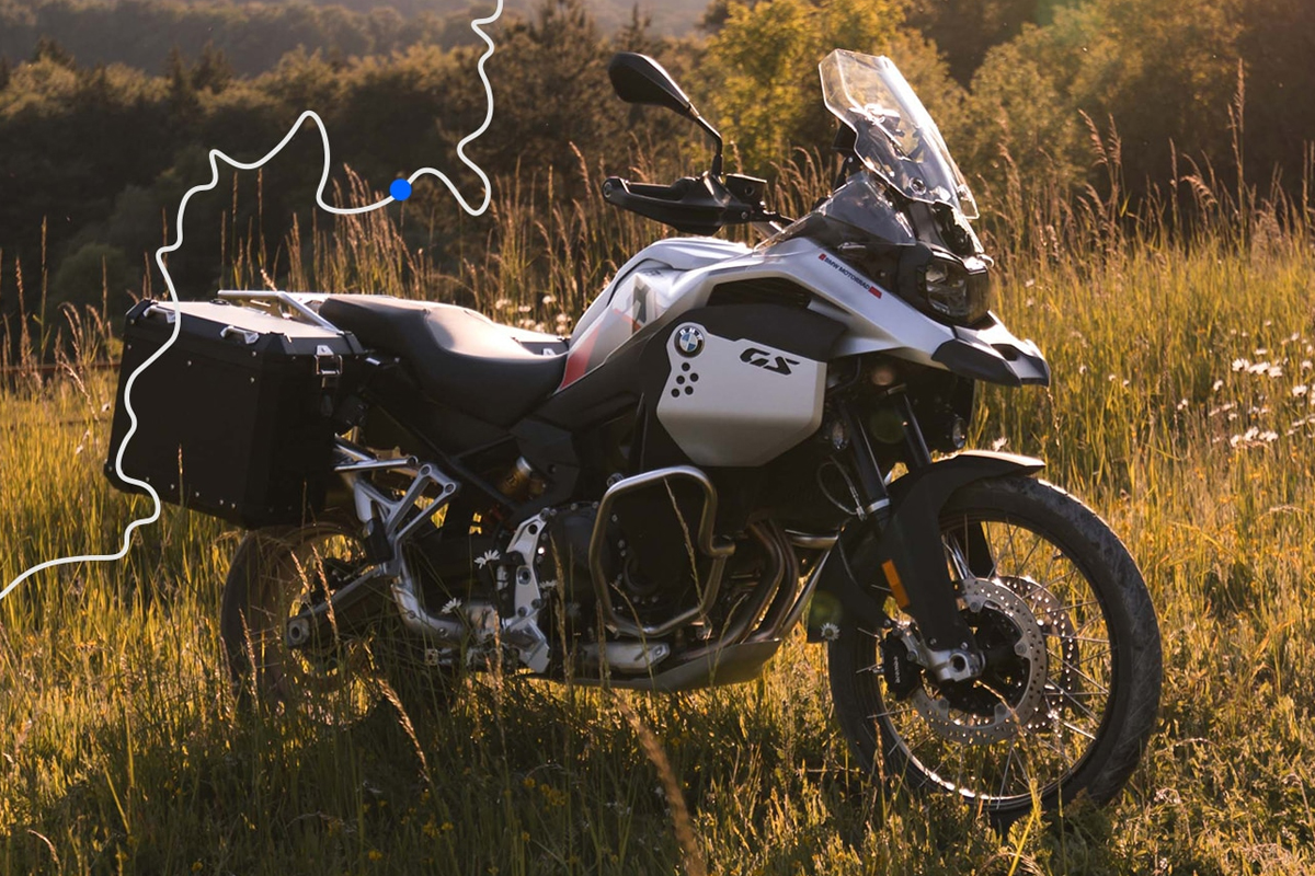 A BMW F 900 GS Adventure in a field near Corona, CA.