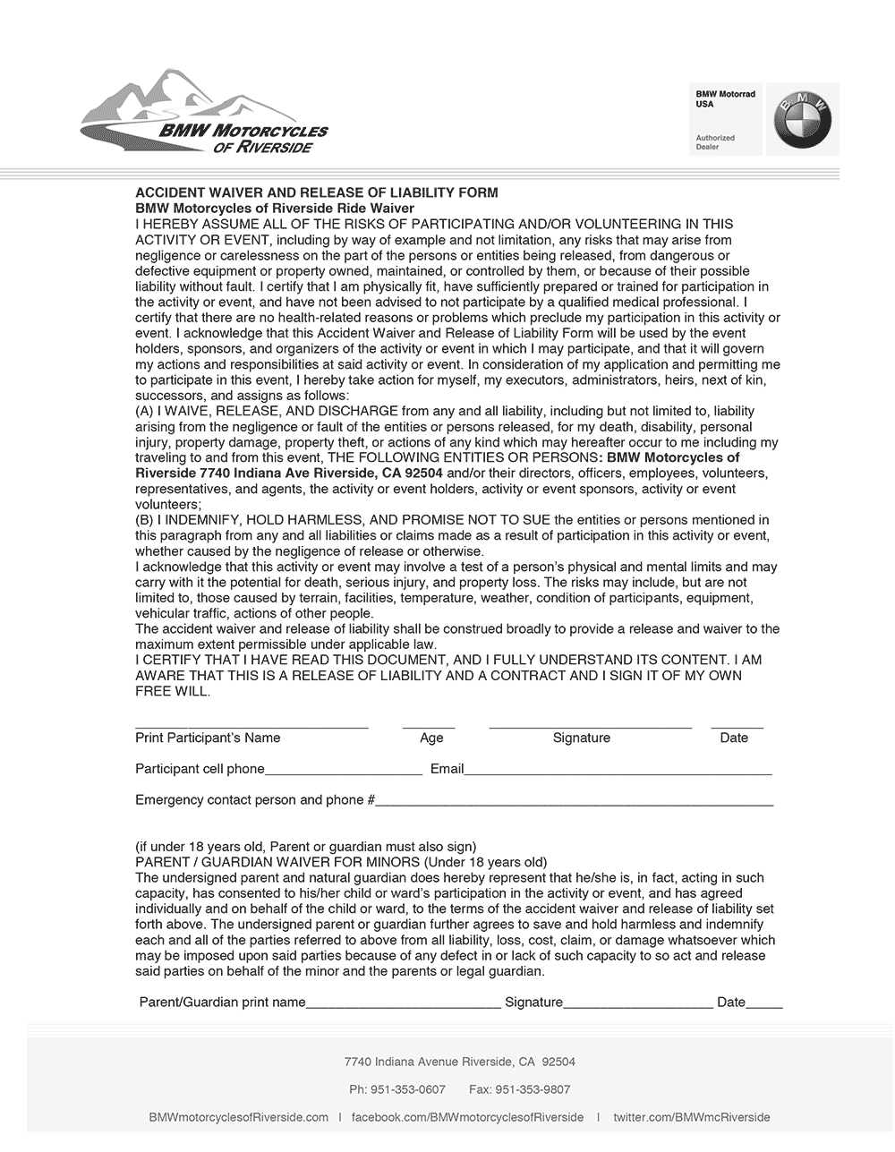 Printable Generic Motorcycle Ride Waiver Form